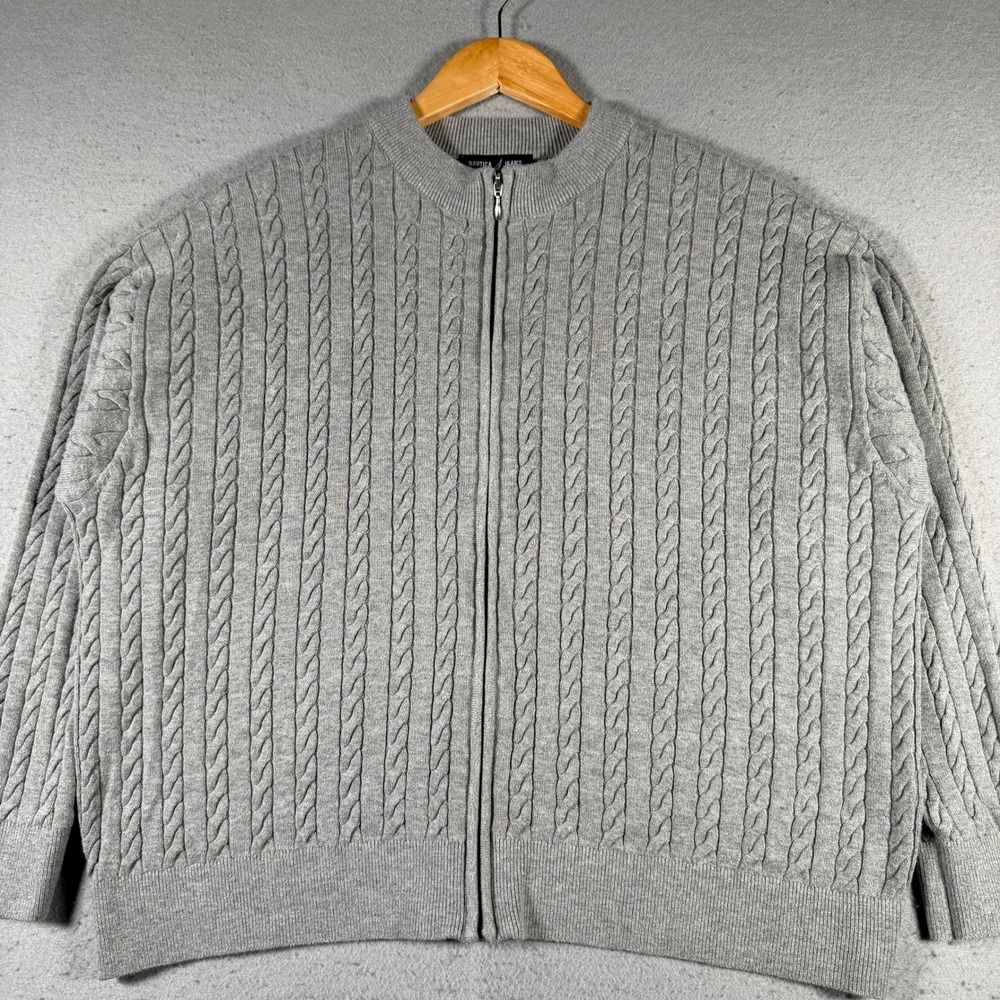 Nautica Jeans Co Womens XL Grey Cable Knit‎ Full Zip Cardigan Sweater Mock Neck